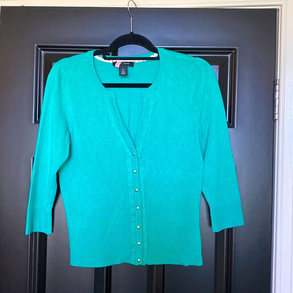WHBM green cardigan with front ruffle detailing
